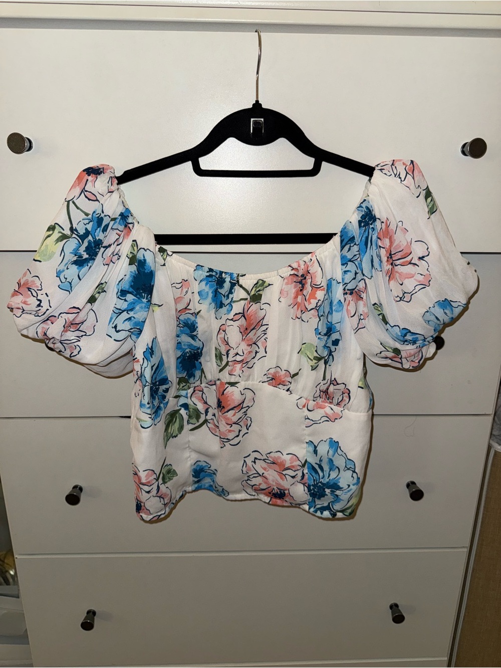 Floral Off-Shoulder Puff Sleeve Crop Top - White with Blue & Pink Flowers